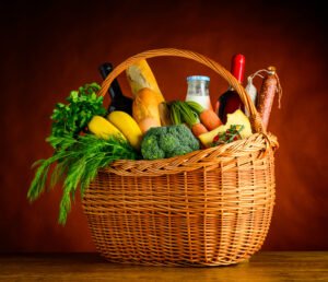 Picnic Basket with Fresh Vegetables and Fruits