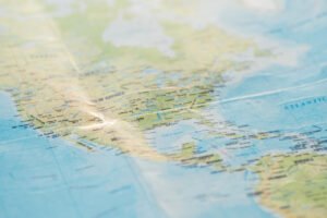 Selective focus of american continents on world map