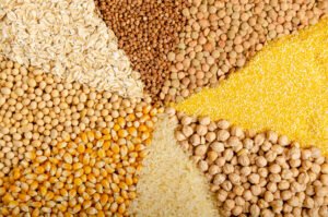 Flat lay view at food background made of legumes cereals and gra